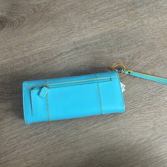 NWT BAEKGAARD Genuine Leather Trifold Wristlet Turquoise Lemon Trim NEW - Picture 3 of 6